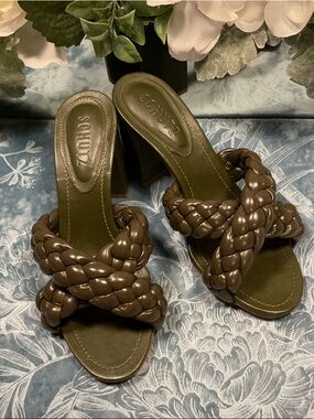 SCHUTZ Braided Slide Heels in Olive